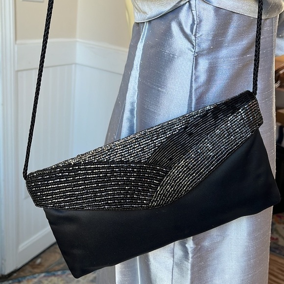 VINTAGE Delill Black Beaded Satin Envelope Clutch Evening Purse - Picture 5 of 11